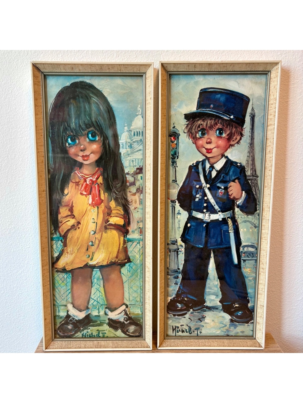 Vintage Michel Thomas “Gamins de Paris” Big Eye Girl & Gendarme Boy Framed Art